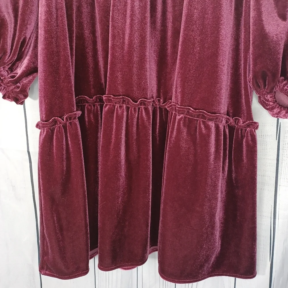 Betsey Johnson V-neck Mini Velvet Long Sleeve Dress in Burgundy - Picture 3 of 13